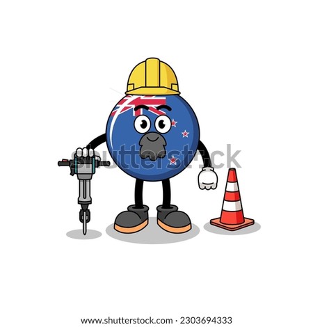 Character cartoon of new zealand flag working on road construction , character design