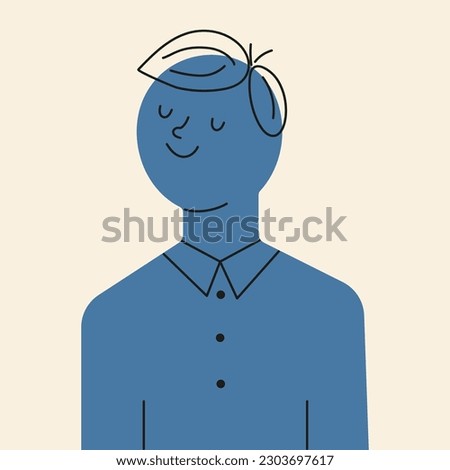 Man smiling in shirt silhouette blue with black outline. Flat style. Vector illustration.