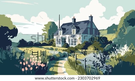 
British countryside, English country garden, flat vector illustration, EPS 10. Royalty-Free Stock Photo #2303702969