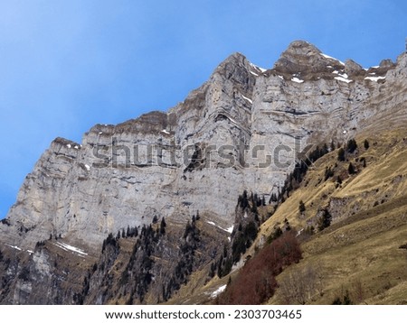 Alpine peaks Nägeliberg (Naegeliberg or Nageliberg) and Schären (Schaeren or Scharen) in the Churfirsten mountain range, , Walenstadtberg - Canton of St. Gallen, Switzerland (Schweiz)