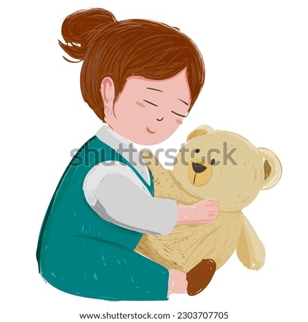 Sad little girl sitting alone with her teddy bear. Depicting a Sad, Abused girl Alone and Scared. Illustration to Address Violence, Neglect, and Homelessness. Clip art of Support, Love. Hand drawn