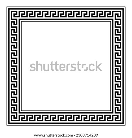 Greek key pattern, jagged meander pattern, square frame and decorative border. Made of lines, shaped into a repeated motif, framed by lines. Classical style of Greece and Rome, also called Greek fret. Royalty-Free Stock Photo #2303714289