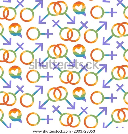 Gay pride seamless pattern in rainbow color palette. Printable background for pride month design concept. Wrapping paper, textile, gift decoration. Female and male signs, symbols. Vector eps 10. Royalty-Free Stock Photo #2303728053