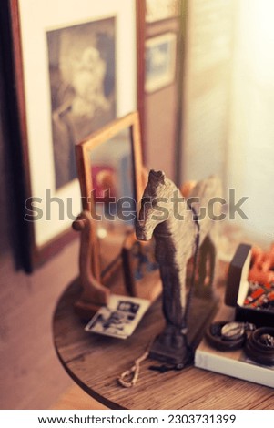 Close up of decorations on side table