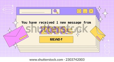 Old computer window opened with reminder of a new message from 2000s, trendy Y2K aesthetic vector illustration, retro style pc screen. Royalty-Free Stock Photo #2303742003