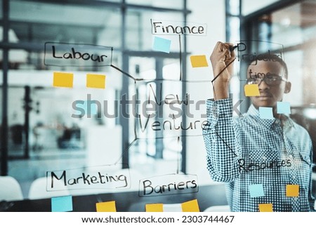 Businessman, writing and schedule planning in brainstorming for strategy on glass board at office. Serious man employee planner busy on project plan of tasks, sticky note and mind map at workplace Royalty-Free Stock Photo #2303744467