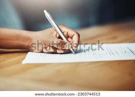 Hand, paperwork and pen writing on document for legal contract, loan application or insurance agreement. Person, checklist and information survey for documentation, policy compliance or data report