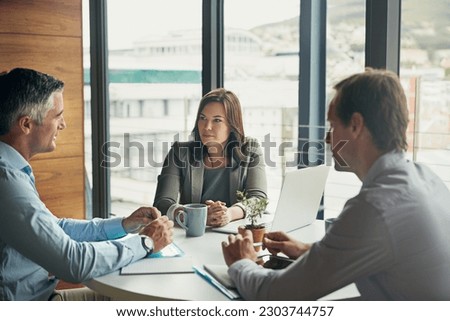 Meeting, talking and planning of business people in office for teamwork, management ideas and professional brainstorming. Manager, woman employee and clients listening, speaking or advice for project