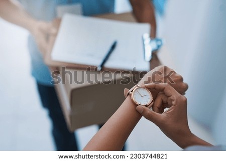 Watch, late and delivery with a customer checking the time for service delivery of a courier company. Logistics, ecommerce and retail with a consumer timing the shipping of an online shopping product Royalty-Free Stock Photo #2303744821