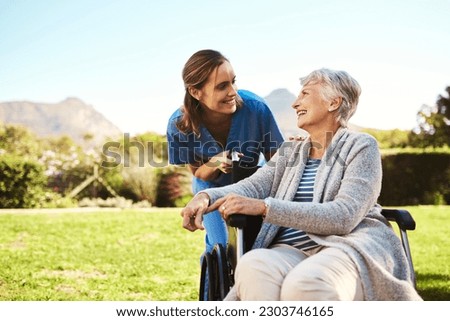 Senior woman, nurse and wheelchair for healthcare support, life insurance or garden at nursing home. Happy elderly female and caregiver helping patient or person with a disability in nature outdoors