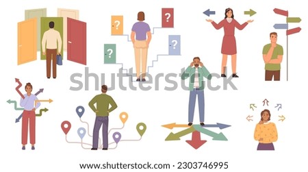Choosing from multiple directions, solutions people and path choice concept flat cartoon vector illustration. Characters making choices, decisions, life path. Different options, opportunities Royalty-Free Stock Photo #2303746995