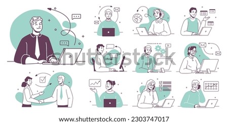 Call center, hotline flat vector illustrations flat cartoon set. Smiling office workers with headsets characters. Customer support department staff, telemarketing agents, teamwork cooperation