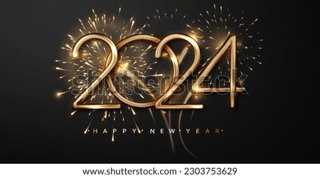 New Year fireworks and golden numbers 2024 on dark background. Celebration New Year's Eve. Golden fireworks on dark night sky Royalty-Free Stock Photo #2303753629