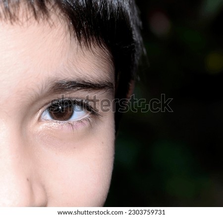 Portrait photograph of a close-up of a child's face. Detail photograph of the eye, eyebrow and eyelashes. He is facing the camera. Upright photography. Blurred background. Selective focus. copy space