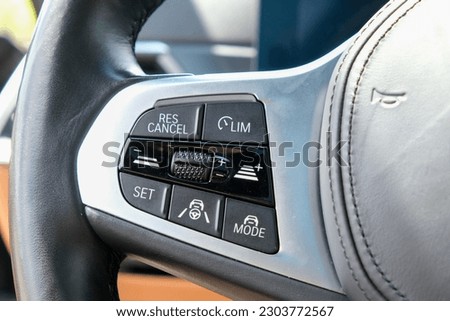 Limiter limitour key button on wheel inside car.  Cruise control key button. Selective focus. 