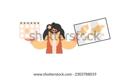 The energized lady holds a calendar and a organize of the world in his hands. Compelled on white foundation. Trendy style, Vector Illustration
