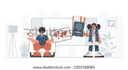 The person and the flooding lady are going on a trip. The concept of rest and travel. Trendy style, Vector Illustration