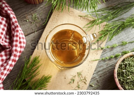 A cup of herbal tea with fresh and dried horsetail plant Royalty-Free Stock Photo #2303792435