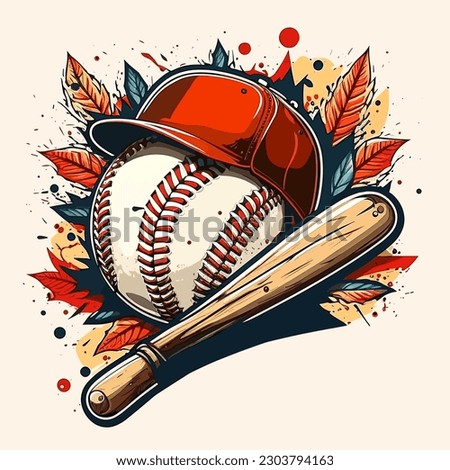 Baseball cap and baseball. Abstract foliage in the background. cartoon vector illustration, label, sticker