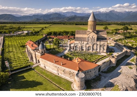 Aerial view of Alaverdi Monastery Complex panoramic view in Kakheti. Kakheti is a region in eastern Georgia with Telavi as its capital.