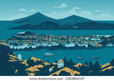 Islands in the Atlantic Ocean. Panorama of the islands. Vector flat illustration.