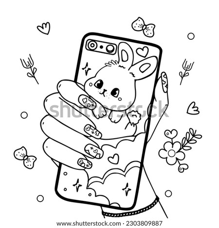 a cell phone in hand ,vector black and white coloring page,  and a case with a rabbit and doodles