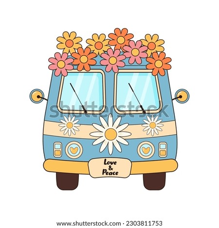 Hippie vintage bus with flowers. Groovy retro hippie travel van. Love, peace, travel, adventure, hippie culture concept. Royalty-Free Stock Photo #2303811753