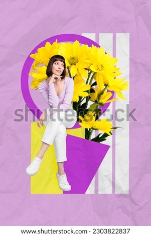 Creative 3d photo artwork graphics collage painting of thoughtful lady admiring fresh flowers isolated drawing background