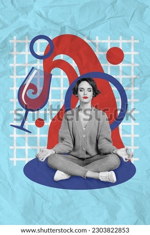 Poster banner image collage of calm young lady have meditating exercise recover from alcohol addiction withdrawal syndrome