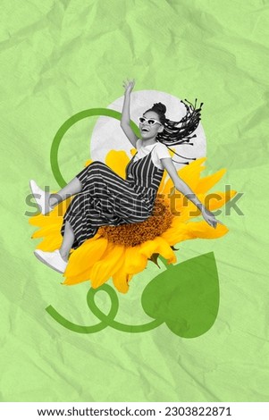 Exclusive magazine picture sketch collage image of funky smiling lady sitting big sunflower isolated creative background