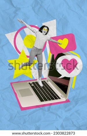 Photo cartoon comics sketch collage picture of smiling excited lady blogging modern device isolated creative background