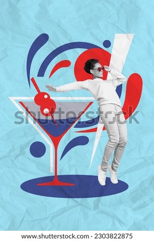 Vertical collage image of mini black white colors girl dancing big alcohol cocktail glass isolated on painted blue background