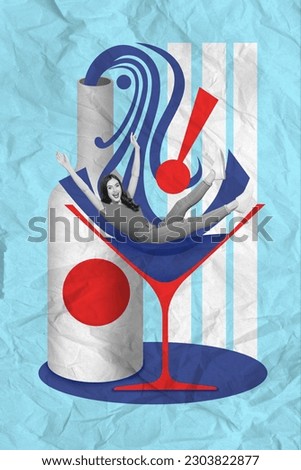 Magazine drawing template collage of funny happy lady have party enjoy ride on pouring vodka in martini glass