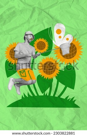 Poster banner template collage of funky guy enjoy summer holiday in rural countryside landscape playing catch bugs in fish net