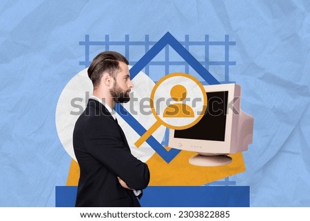 Creative collage image of classy business man folded arms user profile icon pc monitor isolated on blue paper background