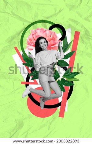 Magazine image painting bright collage of happy lady girlfriend levitating rejoice 8 march presents with pink gentle peony