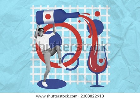Exclusive magazine picture sketch collage image of funky funny lady guy pouring glass red wine isolated creative background