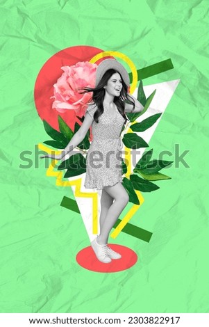 Vertical collage portrait of excited mini pretty black white gamma girl big fresh flower isolated on green background