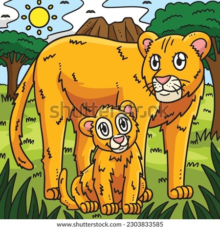 Mother Lion and Baby Lion Colored Cartoon 