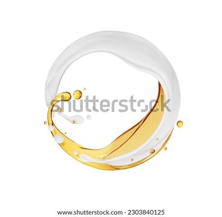 Olive oil and milk splashes arranged in a circle isolated on a white background