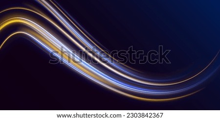 High speed abstraction. Wavy glowing bright smooth curved lines. Shining golden thin lines. Energy twirl. Neon laser wave swirl, glowing light effect, blue and yellow trail. Light trail wave vector