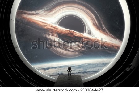 A man at a giant window looks into deep space and black hole. 5K realistic science fiction art. Elements of image provided by Nasa