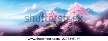 Japanese landscape with sakura trees against the backdrop of mountains and a volcano. beautiful fantasy landscape. vector banner illustration Royalty-Free Stock Photo #2303845169