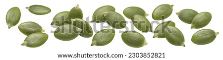 Pumpkin green seed set isolated on white background. Horizontal line. Single and double seeds. Horizontal layout. Package design elements with clipping path