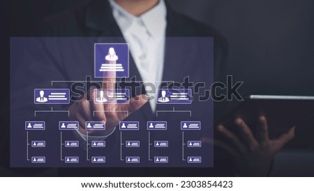 Business hierarchy  company structure concept. Business process plan and workflow automation flowchart. Virtual screen Mindmap or Organigram. Relations of order or subordination between member. Royalty-Free Stock Photo #2303854423