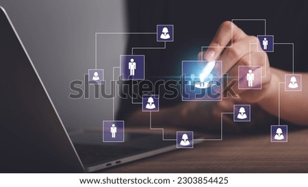 Business hierarchy  company structure concept. Business process plan and workflow automation flowchart. Virtual screen Mindmap or Organigram. Relations of order or subordination between member.