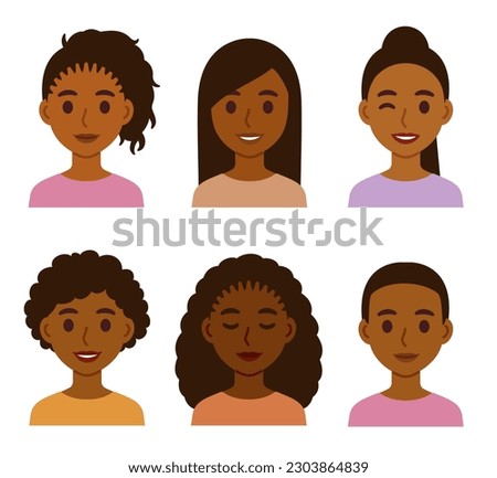 Black women with different hairstyles. Natural African hair and straightened styles. Cute cartoon vector clip art illustration set. Royalty-Free Stock Photo #2303864839