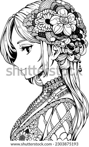 A beautiful girl, featuring decorations and costumes, doodle, coloring book. Vector illustration