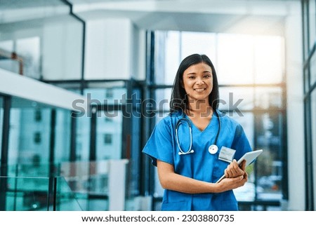 Healthcare, confidence and portrait of woman doctor or nurse with tablet in hospital for support in medical work. Health care career, wellness and medicine, confident nursing professional with smile.