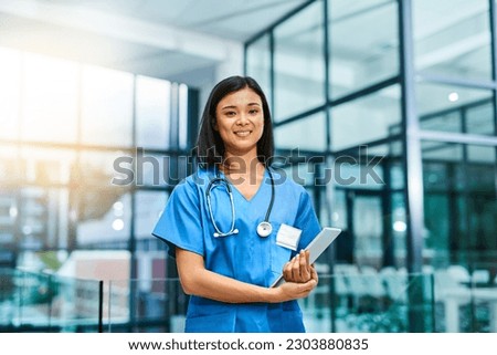 Health care, confidence and woman, portrait of nurse or doctor with tablet in hospital for support in medical work. Healthcare career, wellness and medicine, confident nursing professional with smile